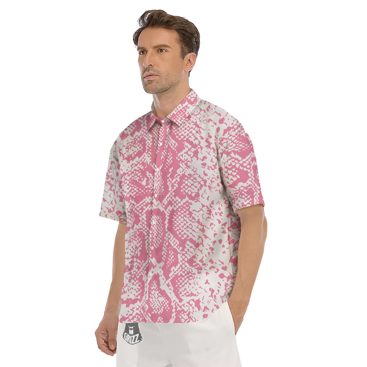 Python Snakeskin Pink Print Men's Short Sleeve Shirts-grizzshop