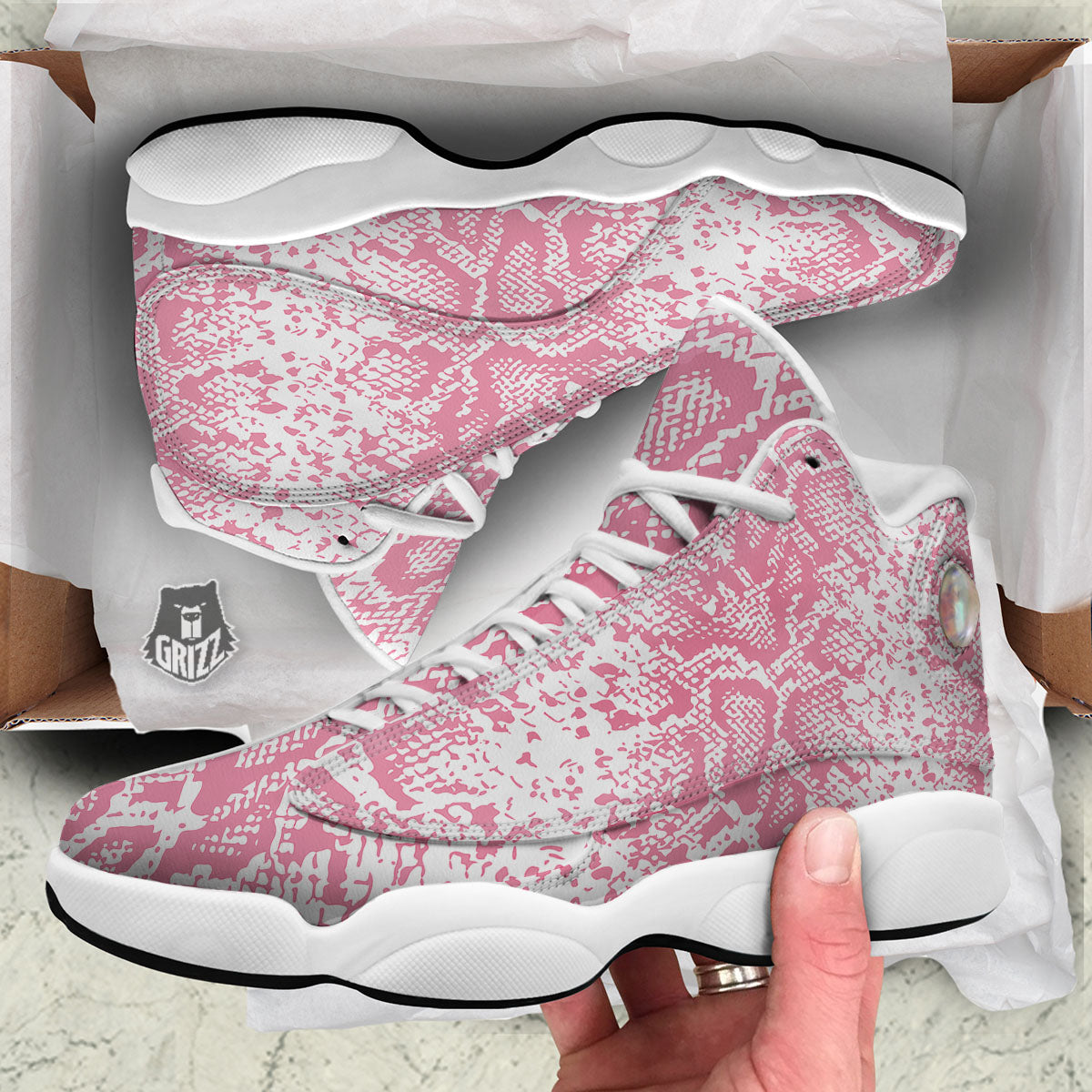 Python Snakeskin Pink Print White Basketball Shoes-grizzshop