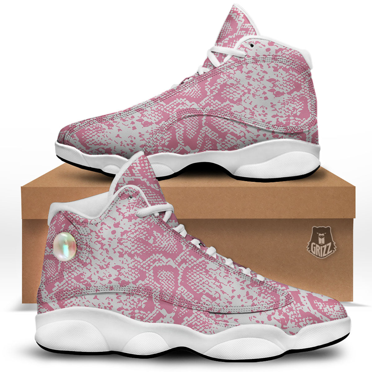 Python Snakeskin Pink Print White Basketball Shoes-grizzshop