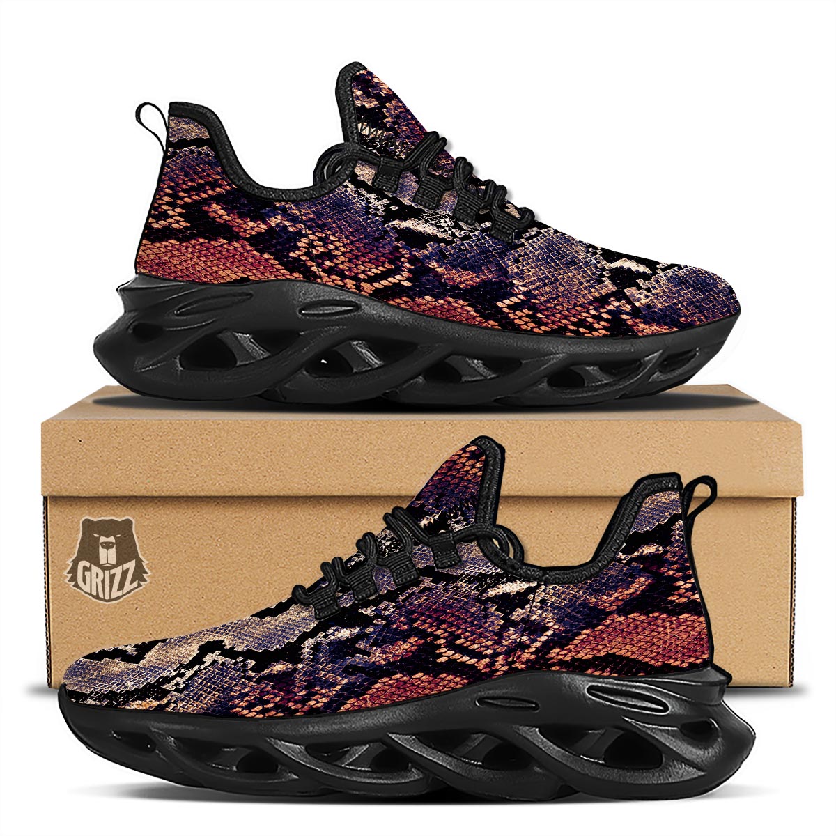 Python Snakeskin Print Black Running Shoes-grizzshop