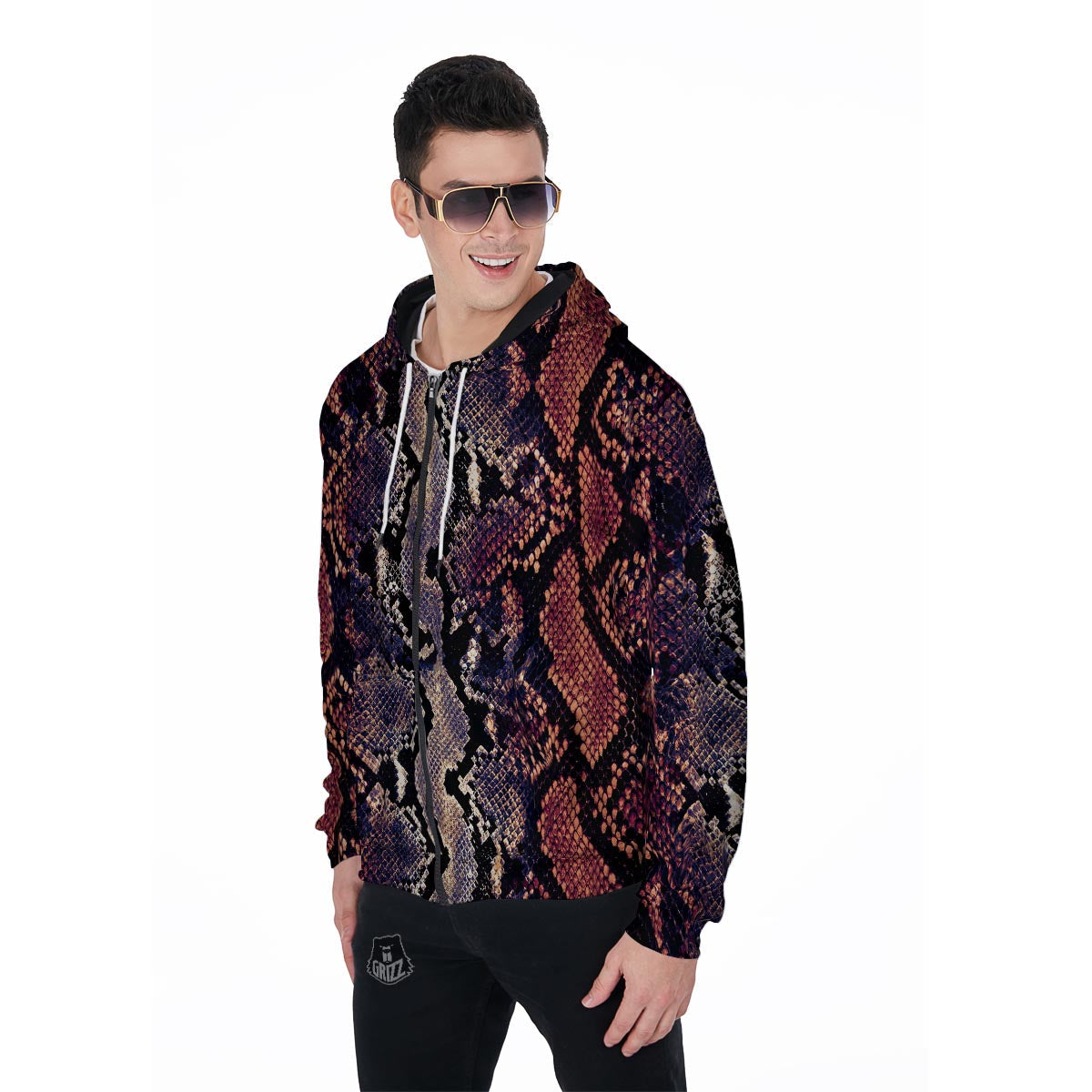 Python Snakeskin Print Men's Zip Up Hoodie-grizzshop