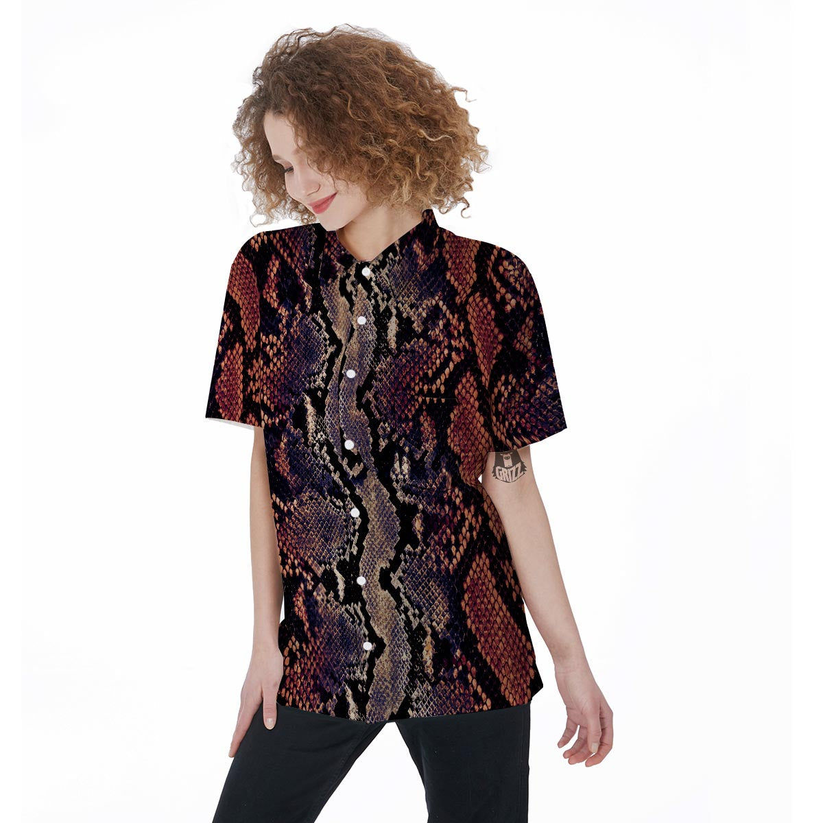 Python Snakeskin Print Women's Short Sleeve Shirts-grizzshop