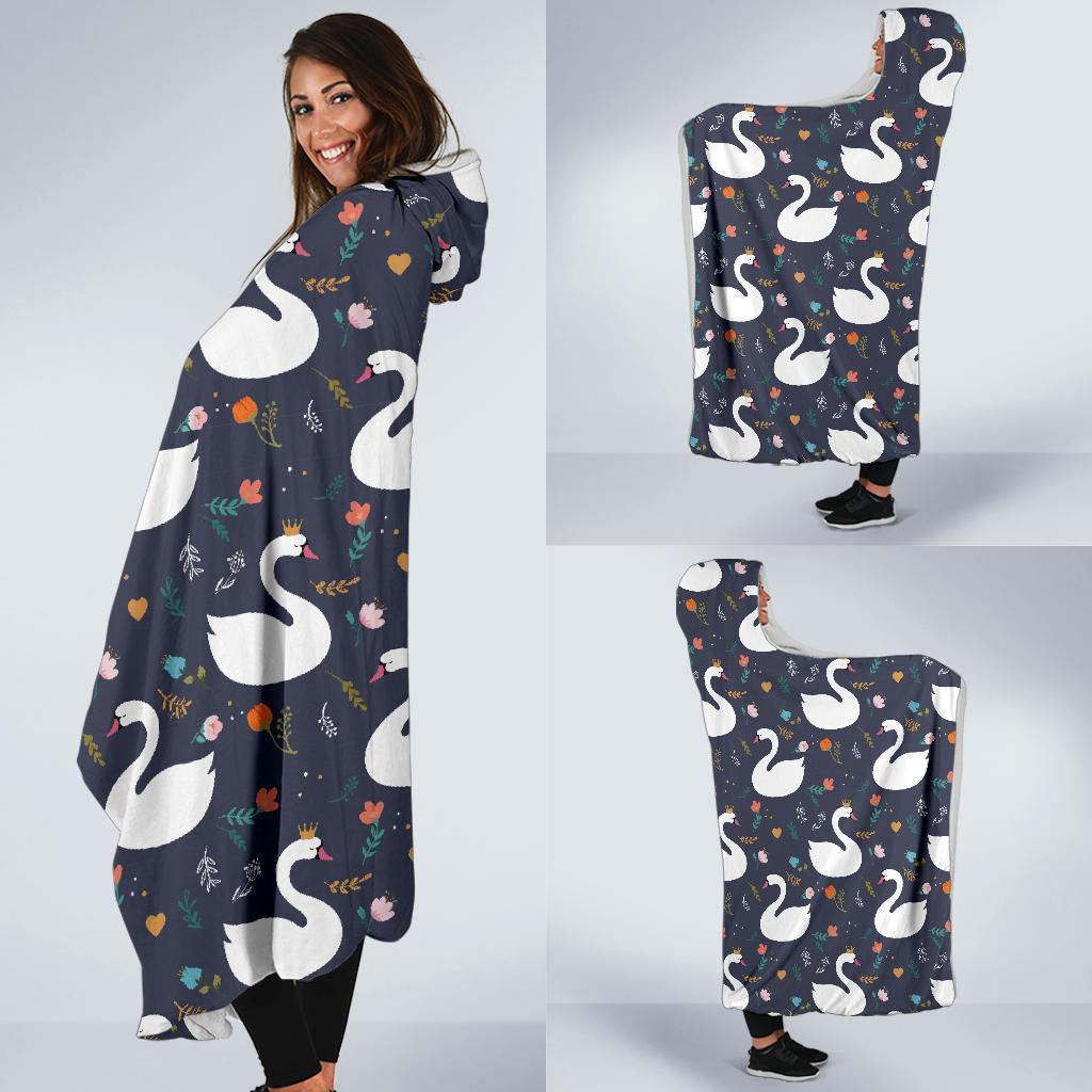Queen Floral Swan Pattern Print Hooded Blanket-grizzshop