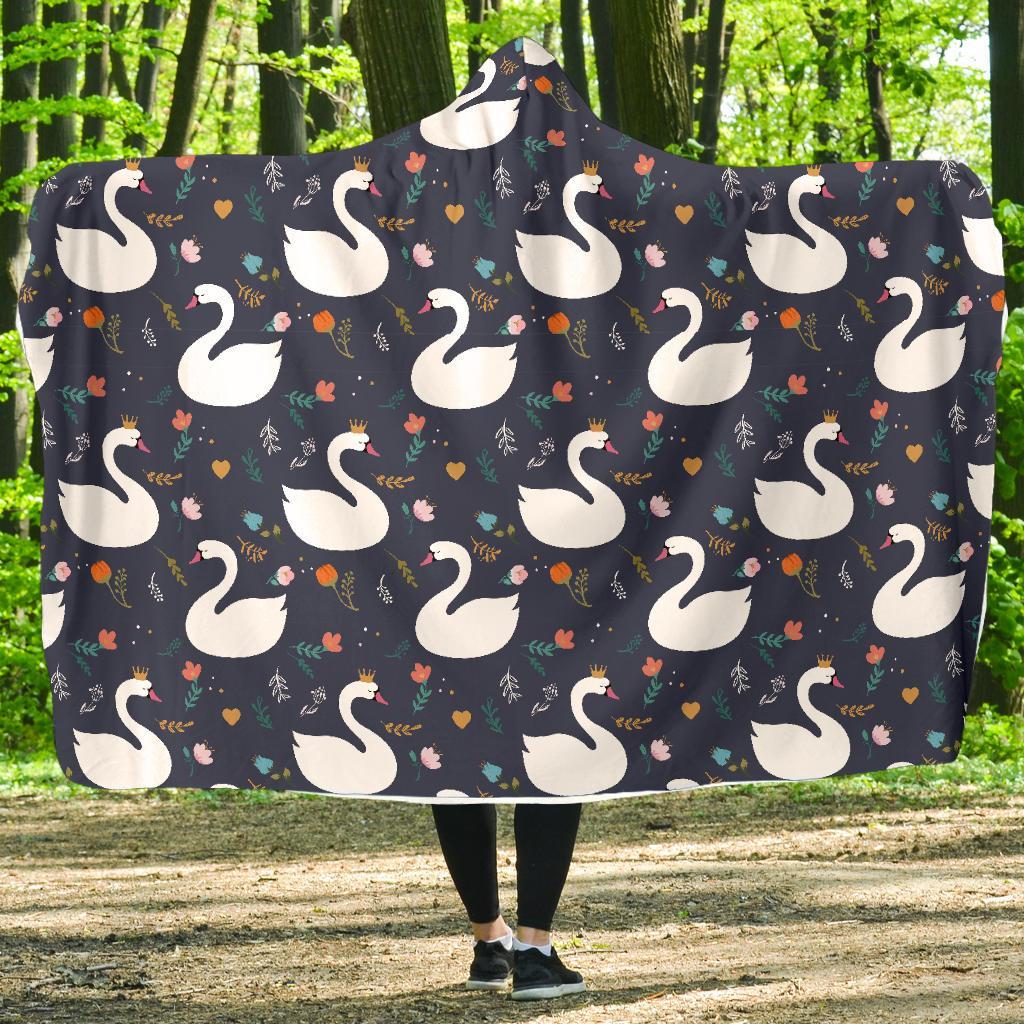 Queen Floral Swan Pattern Print Hooded Blanket-grizzshop