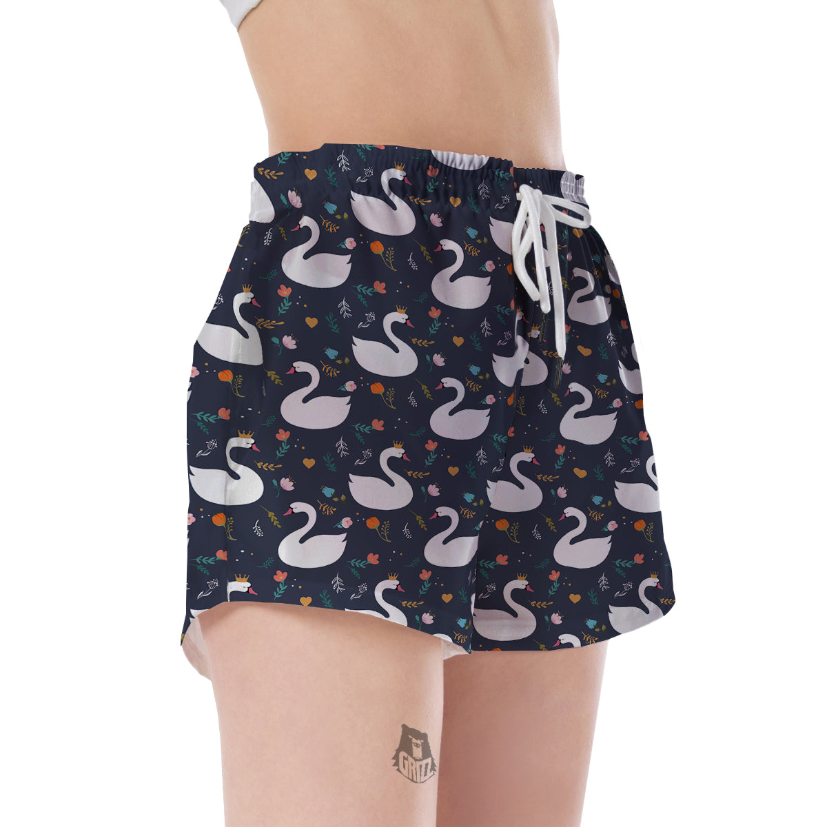Queen Floral Swan Pattern Print Women's Shorts-grizzshop