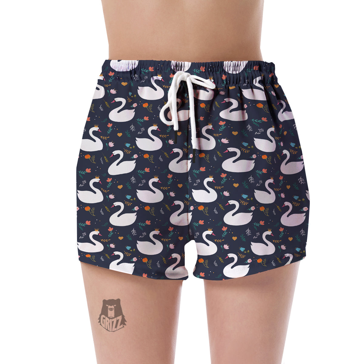 Queen Floral Swan Pattern Print Women's Shorts-grizzshop