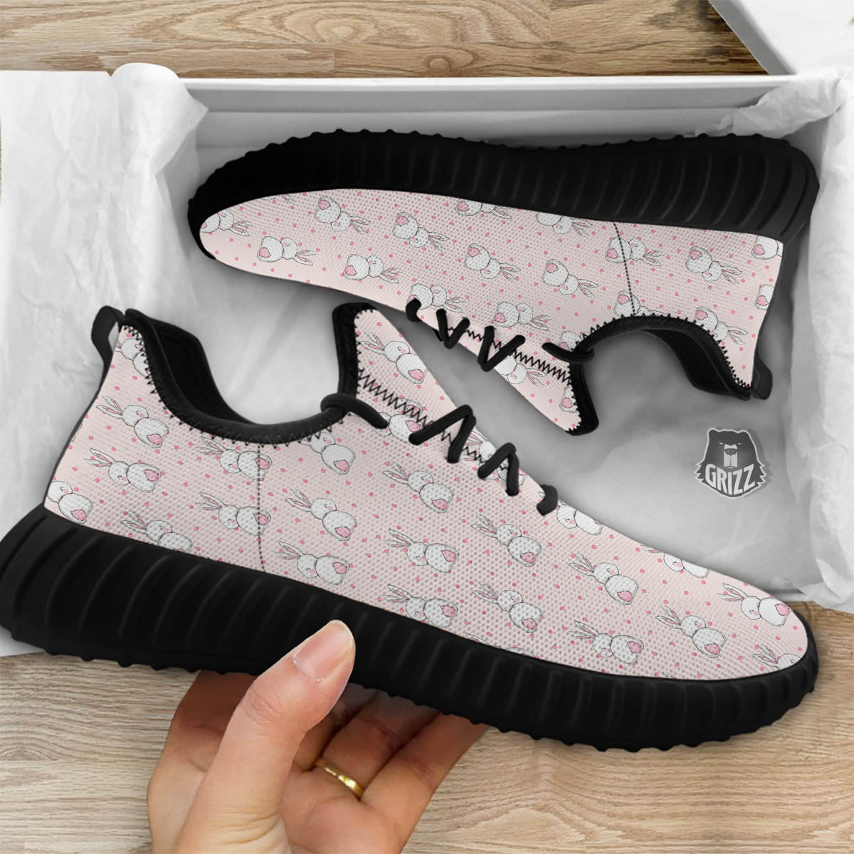 Rabbit Cartoon Print Pattern Black Walking Shoes-grizzshop