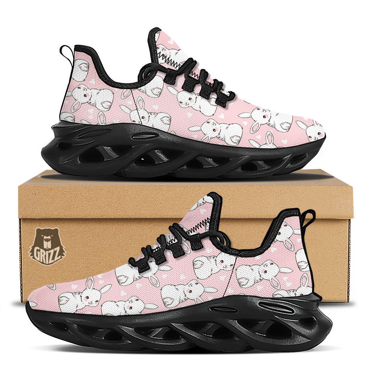 Rabbit Pink Print Pattern Black Running Shoes-grizzshop