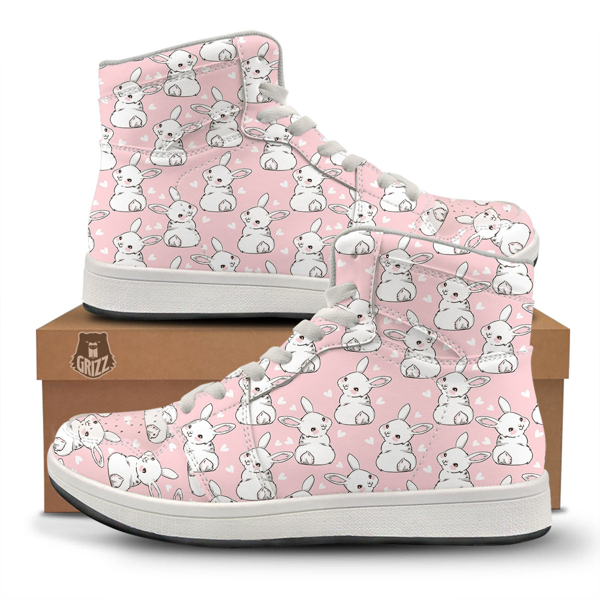 Rabbit Pink Print Pattern High Top Sneakers-grizzshop