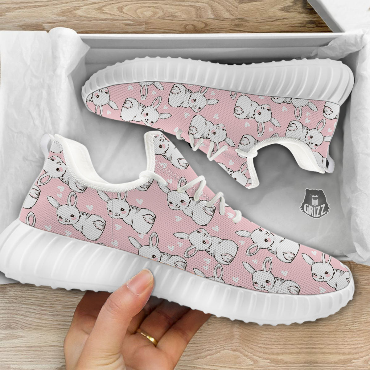 Rabbit Pink Print Pattern White Walking Shoes-grizzshop