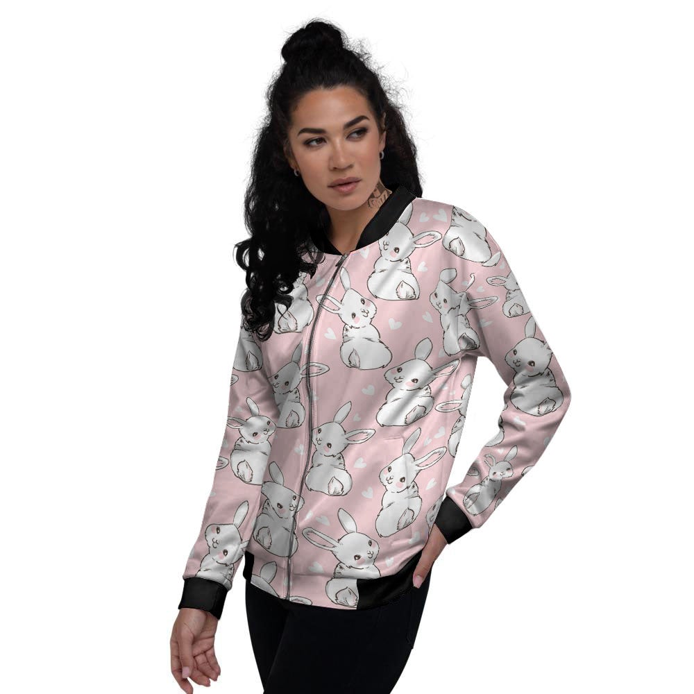 Rabbit Pink Print Pattern Women's Bomber Jacket-grizzshop