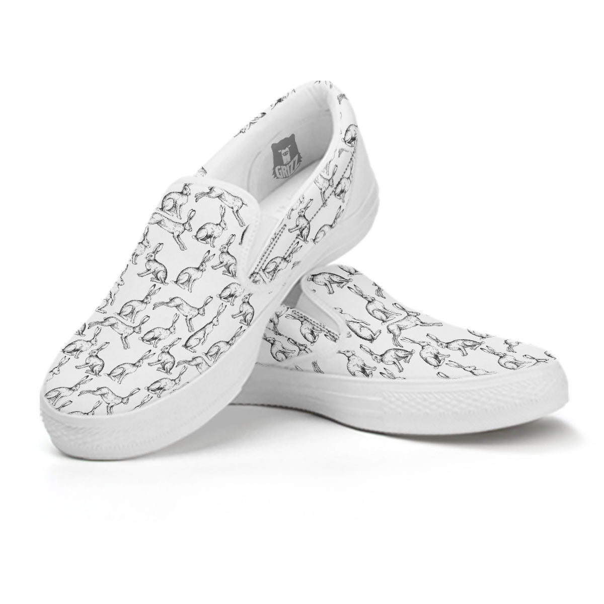 Rabbit White And Black Print Pattern White Slip On Shoes-grizzshop