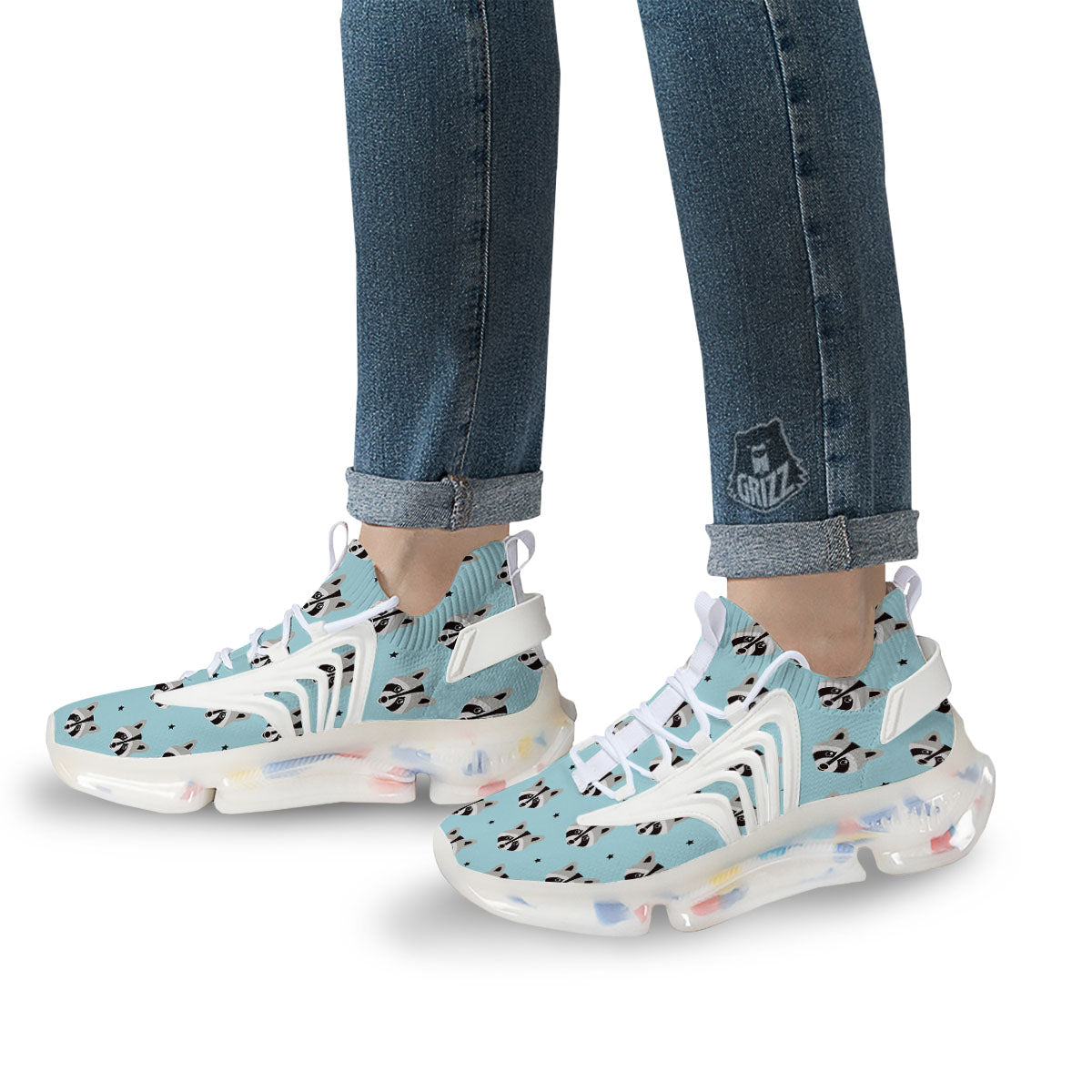Raccoon Cartoon Print Pattern White Gym Shoes-grizzshop