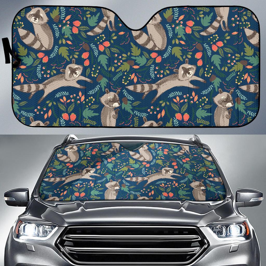 Raccoon Floral Pattern Print Car Sun Shade-grizzshop