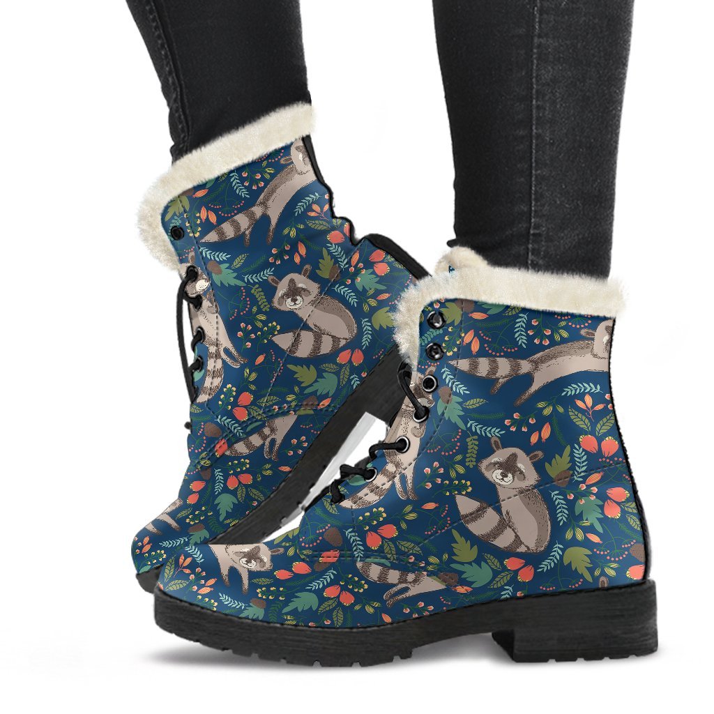 Raccoon Floral Pattern Print Comfy Winter Boots-grizzshop
