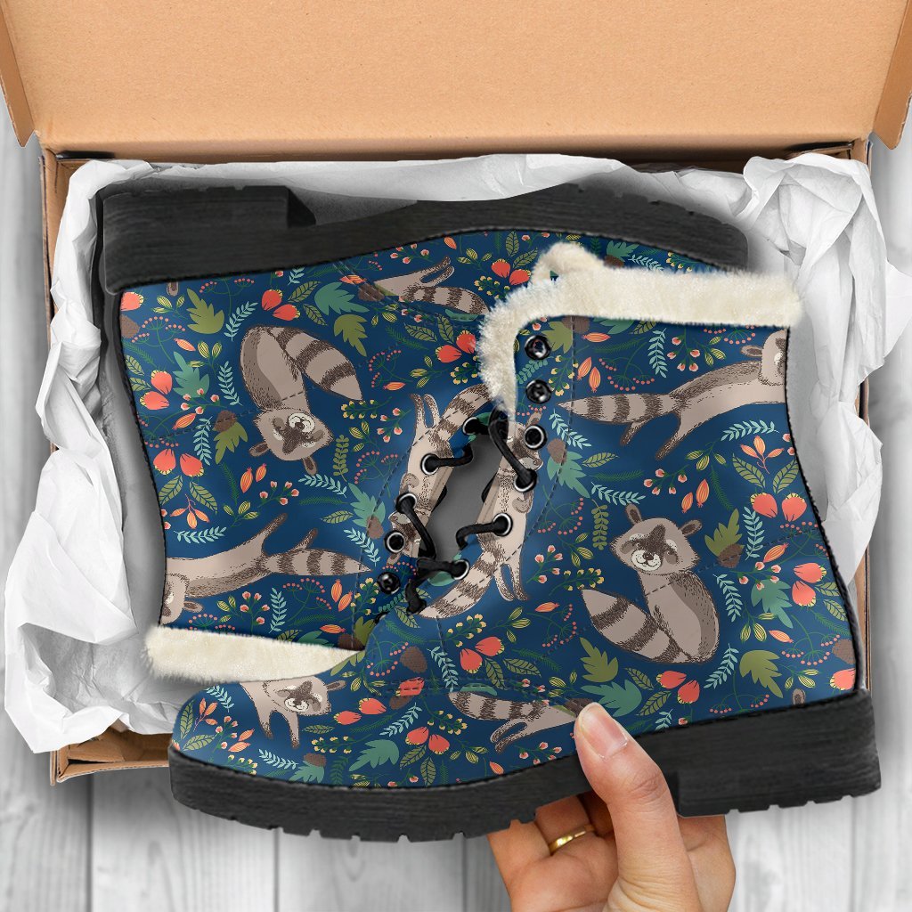 Raccoon Floral Pattern Print Comfy Winter Boots-grizzshop