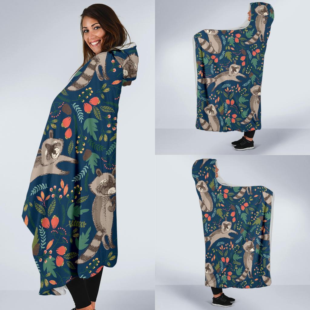 Raccoon Floral Pattern Print Hooded Blanket-grizzshop