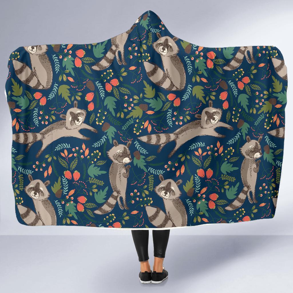 Raccoon Floral Pattern Print Hooded Blanket-grizzshop