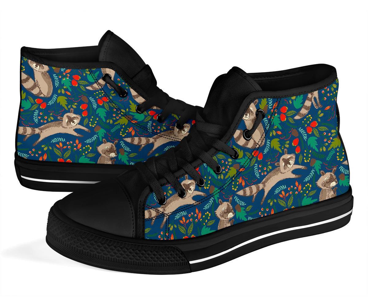 Raccoon Floral Pattern Print Men Women's High Top Shoes-grizzshop