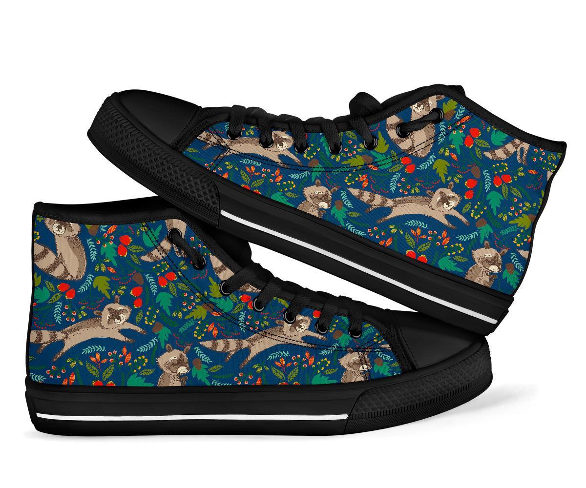 Raccoon Floral Pattern Print Men Women's High Top Shoes-grizzshop