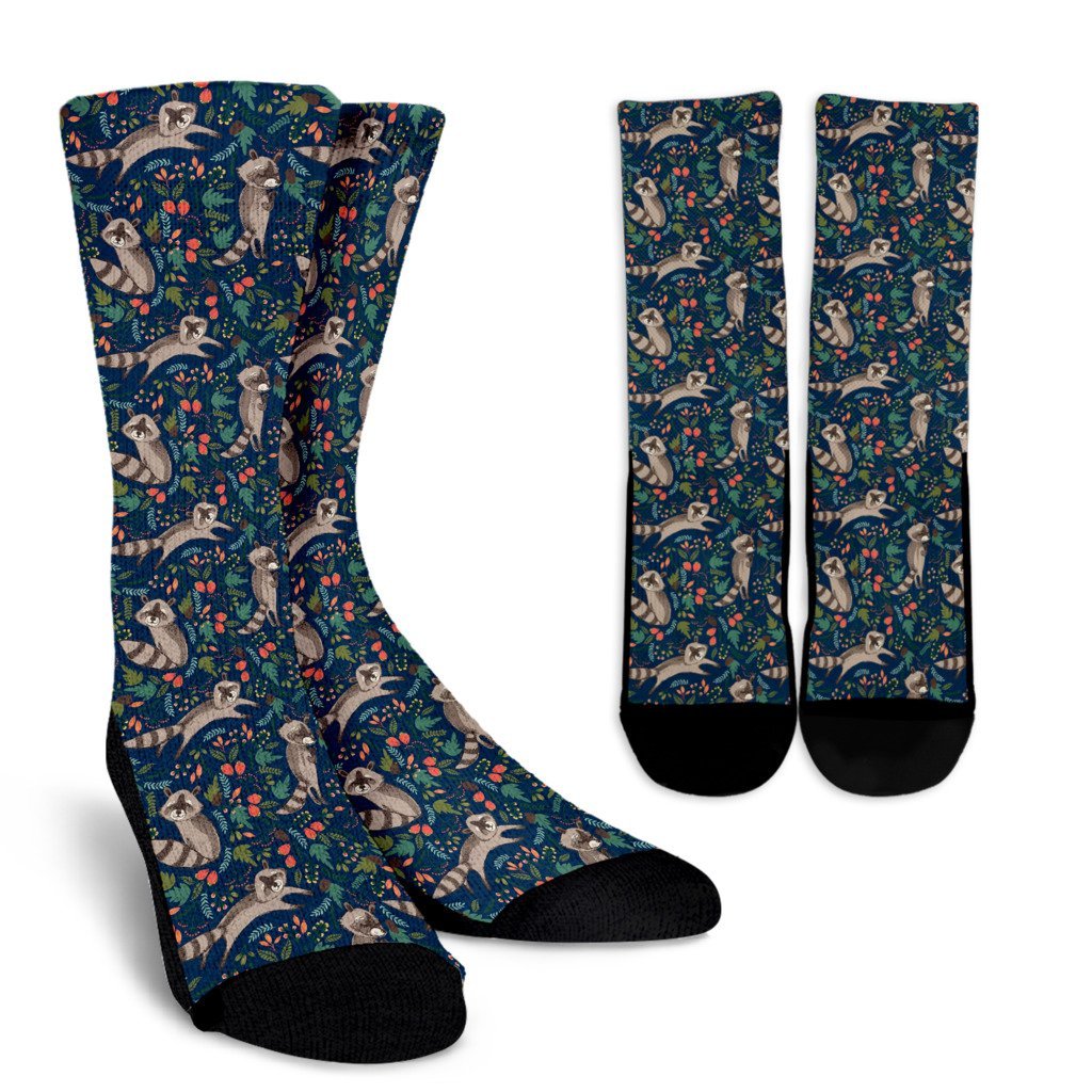 Raccoon Floral Pattern Print Unisex Crew Socks-grizzshop