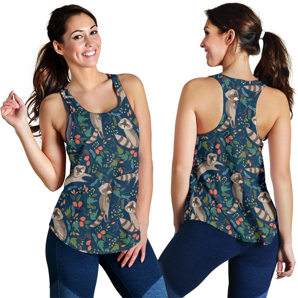 Raccoon Floral Pattern Print Women's Racerback Tank Tops-grizzshop