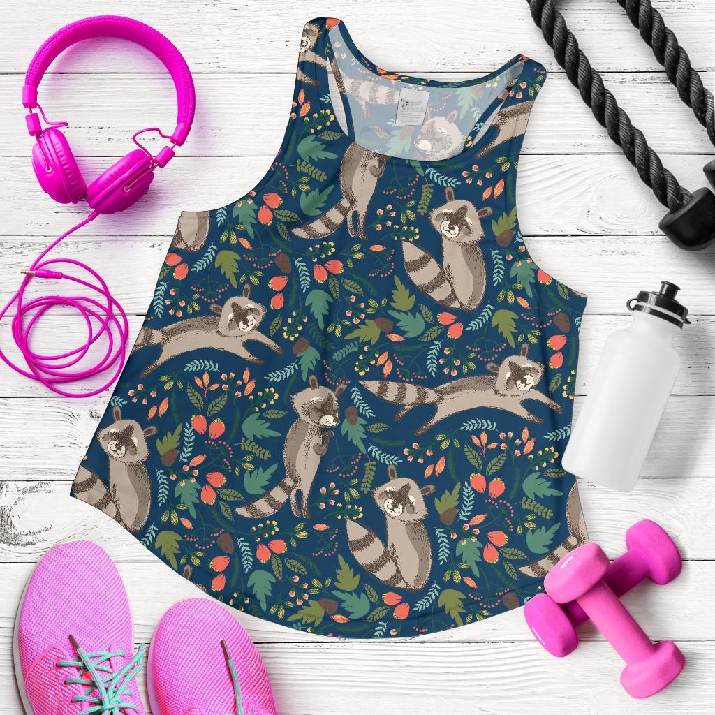 Raccoon Floral Pattern Print Women's Racerback Tank Tops-grizzshop