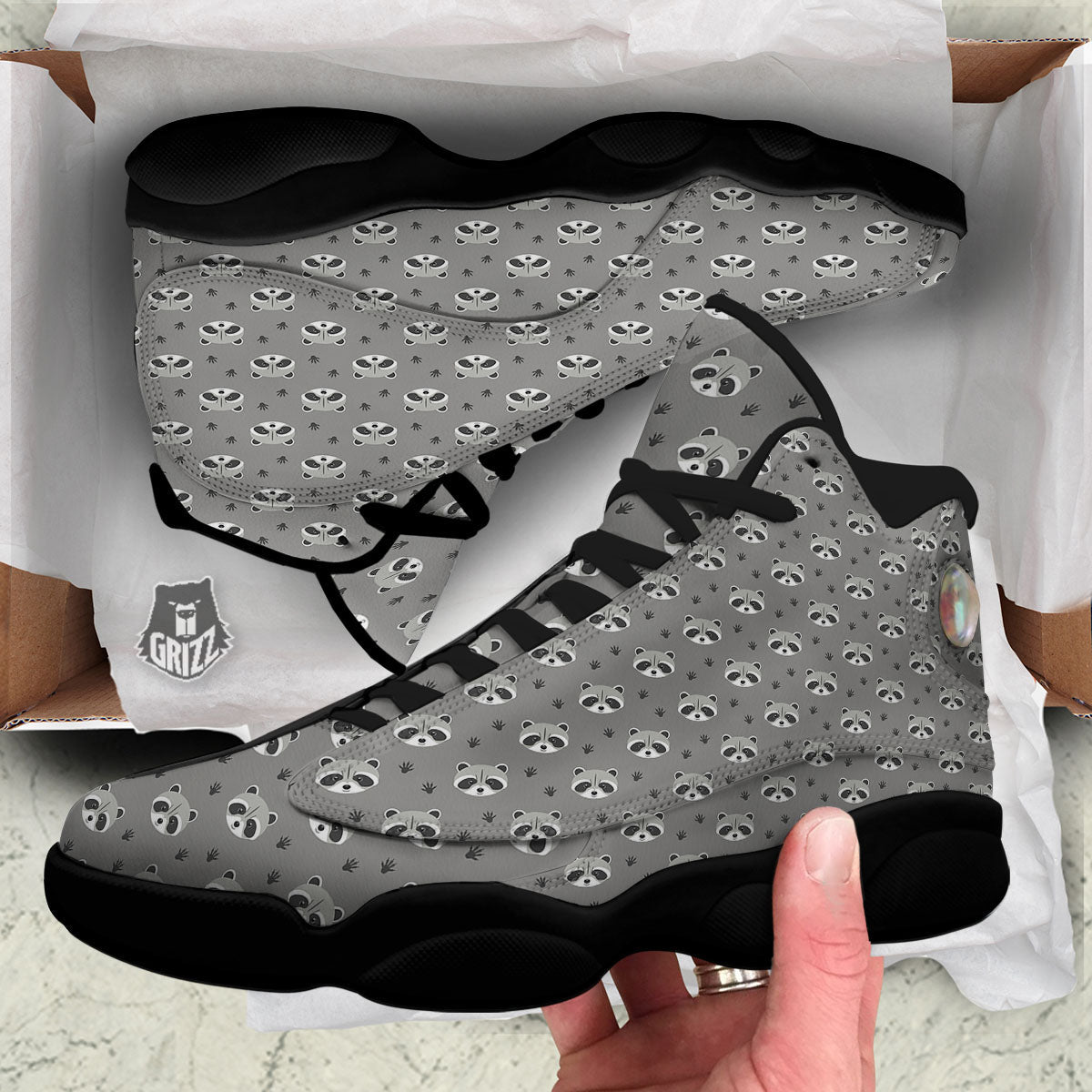 Raccoon Grey Print Pattern Black Basketball Shoes-grizzshop
