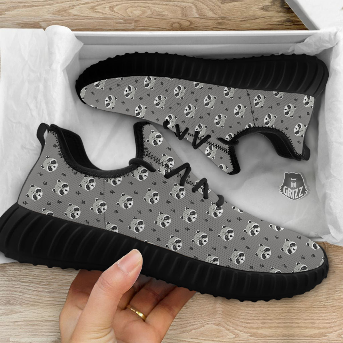 Raccoon Grey Print Pattern Black Walking Shoes-grizzshop