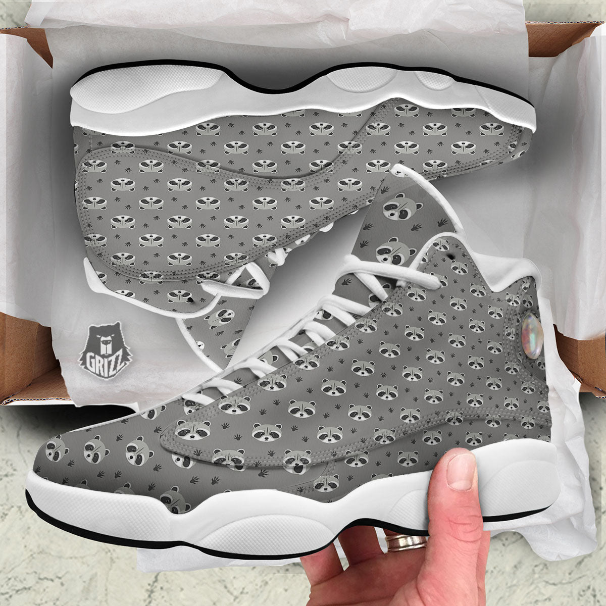 Raccoon Grey Print Pattern White Basketball Shoes-grizzshop