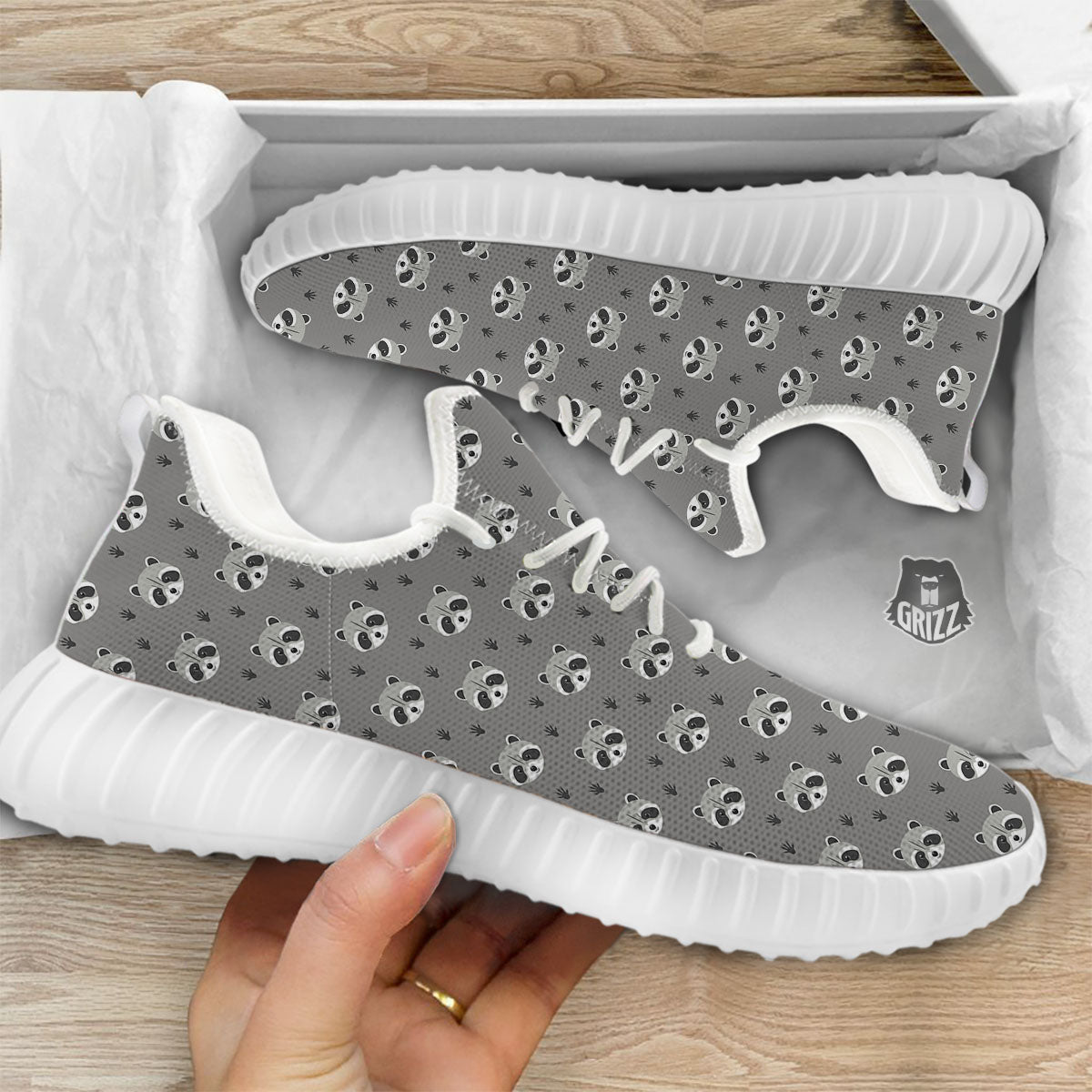 Raccoon Grey Print Pattern White Walking Shoes-grizzshop