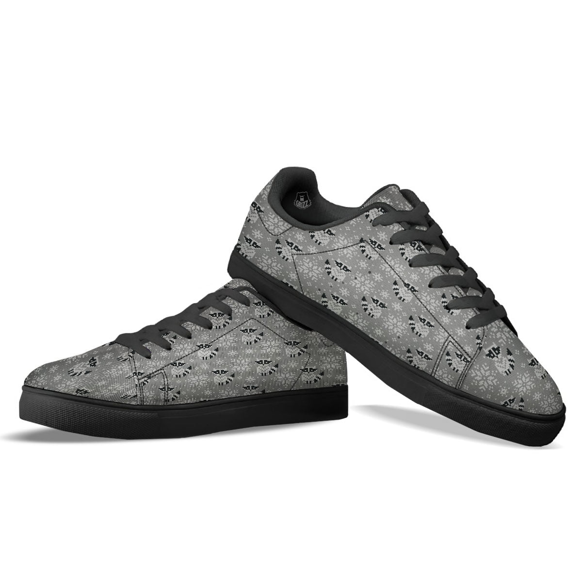Raccoon Knitted Print Pattern Black Low Top Sneakers-grizzshop