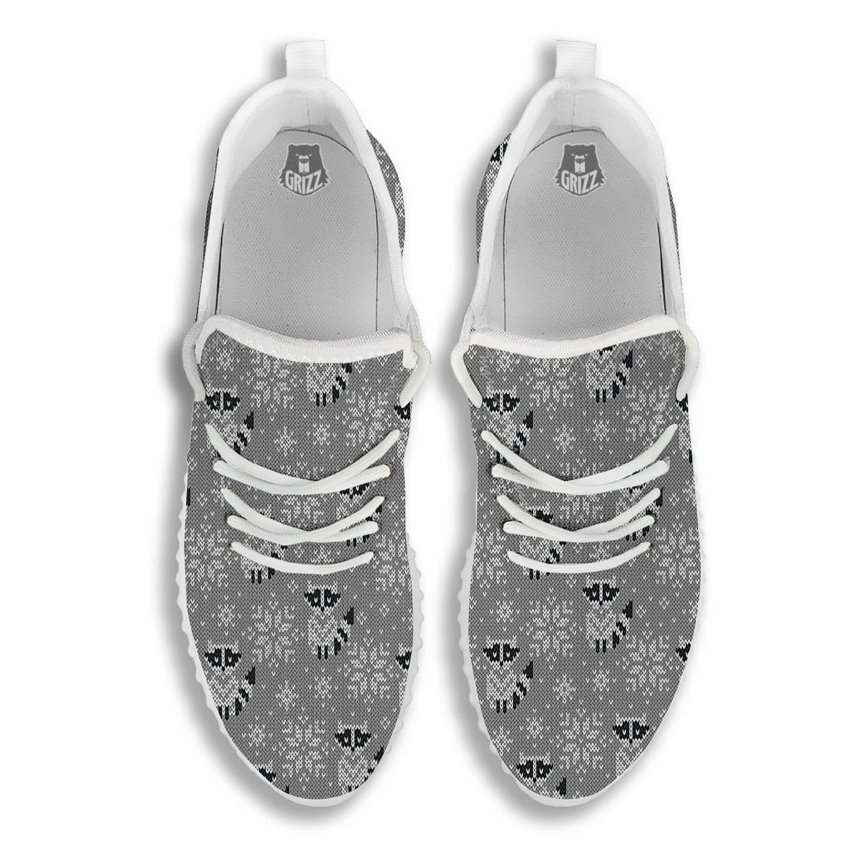 Raccoon Knitted Print Pattern White Walking Shoes-grizzshop