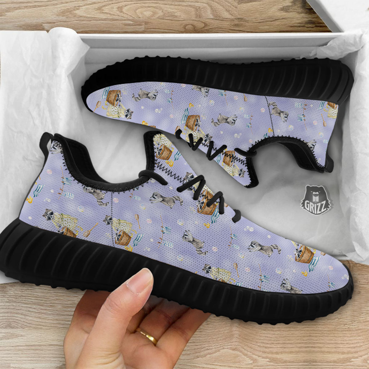 Raccoon Watercolor Print Pattern Black Walking Shoes-grizzshop