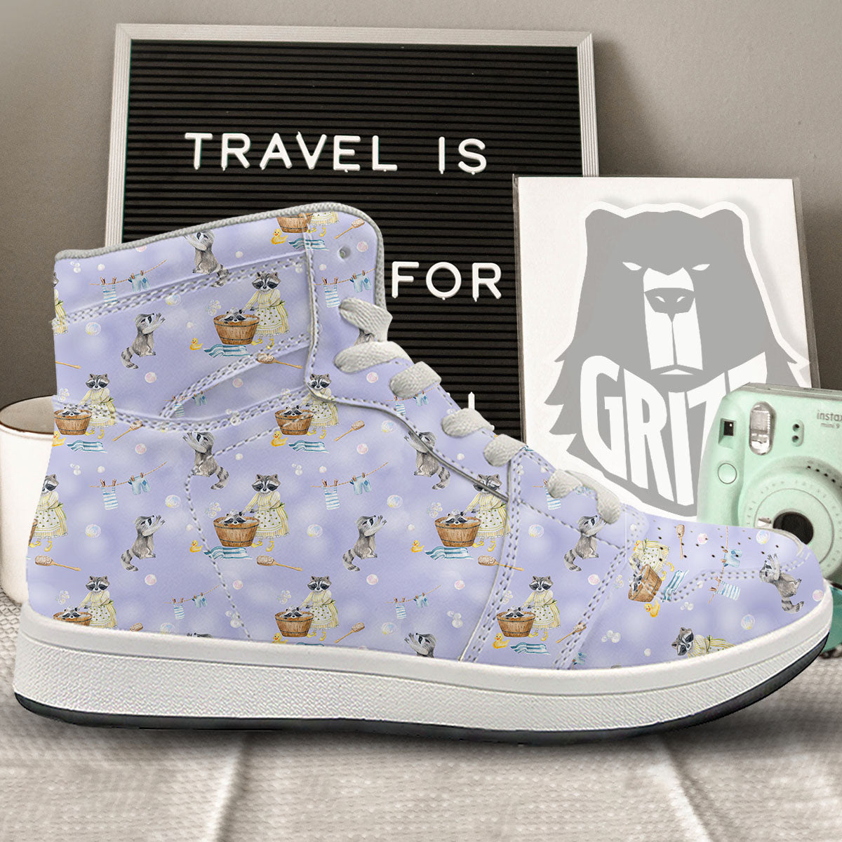 Raccoon Watercolor Print Pattern High Top Sneakers-grizzshop