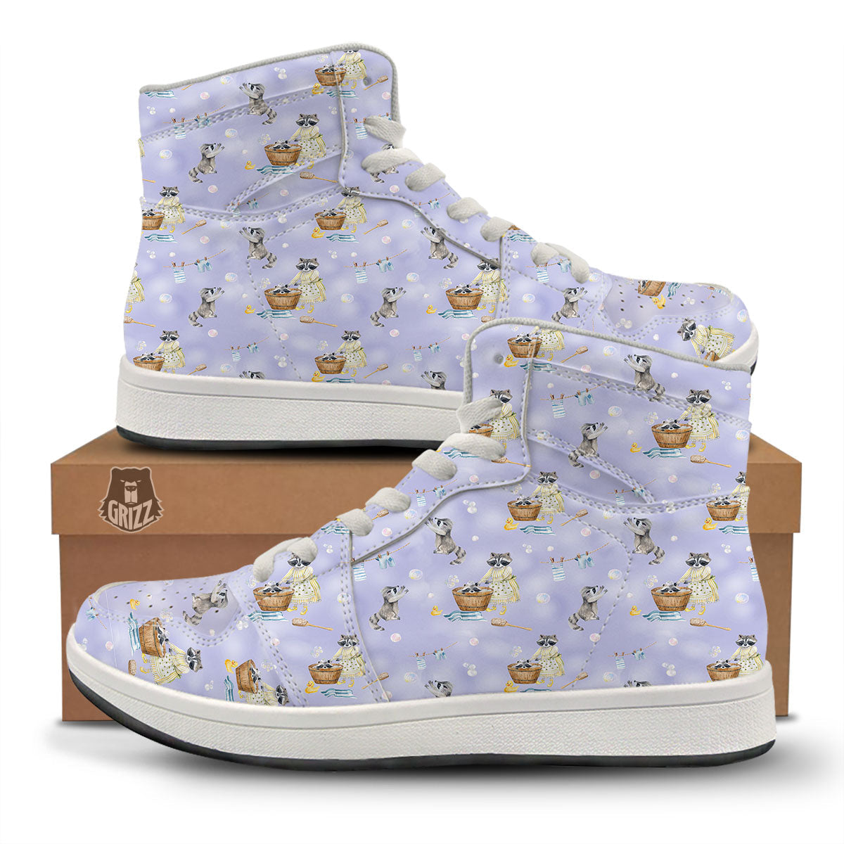 Raccoon Watercolor Print Pattern High Top Sneakers-grizzshop