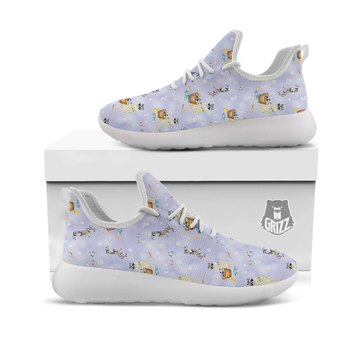 Raccoon Watercolor Print Pattern White Athletic Shoes-grizzshop