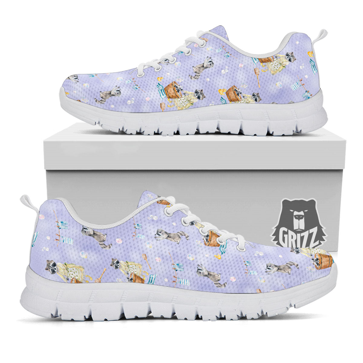 Raccoon Watercolor Print Pattern White Sneaker-grizzshop