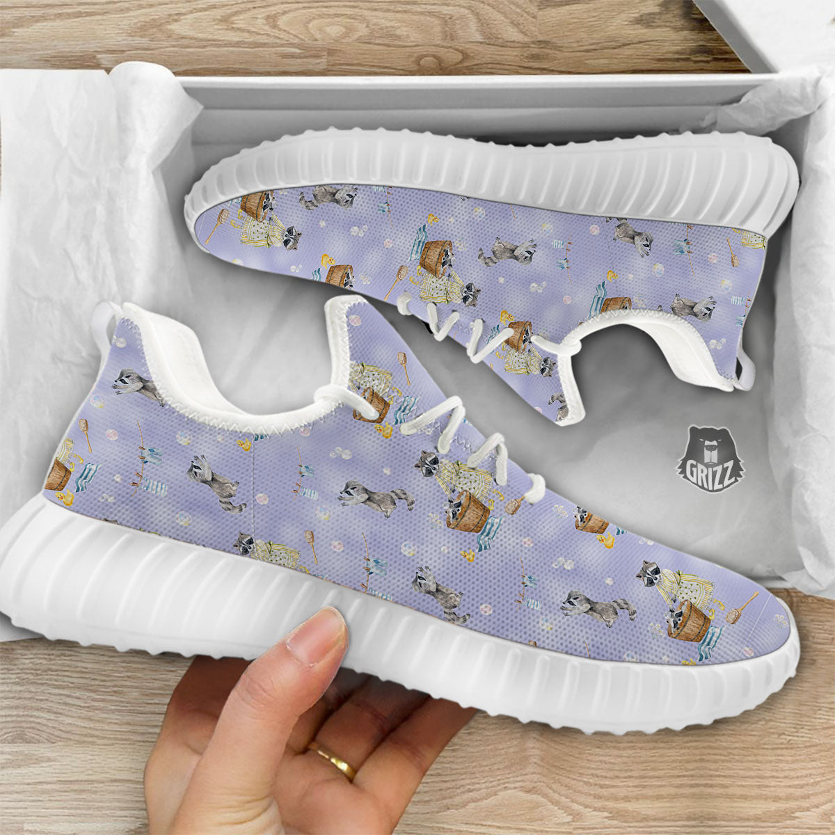 Raccoon Watercolor Print Pattern White Walking Shoes-grizzshop