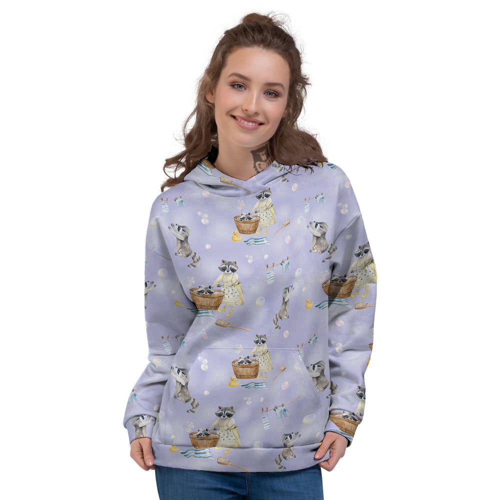 Raccoon Watercolor Print Pattern Women's Hoodie-grizzshop