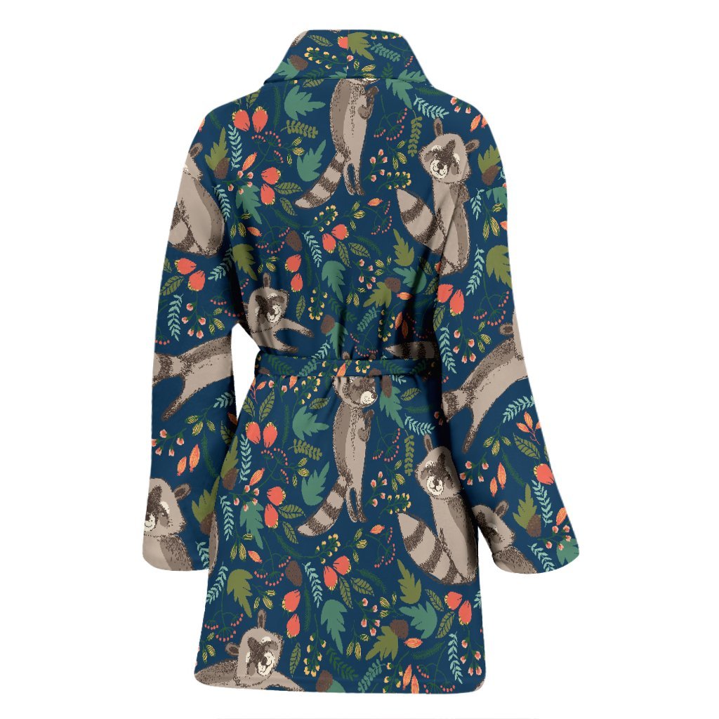 Raccoon Floral Pattern Print Women Long Robe-grizzshop