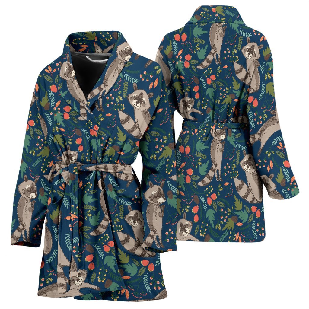 Raccoon Floral Pattern Print Women Long Robe-grizzshop