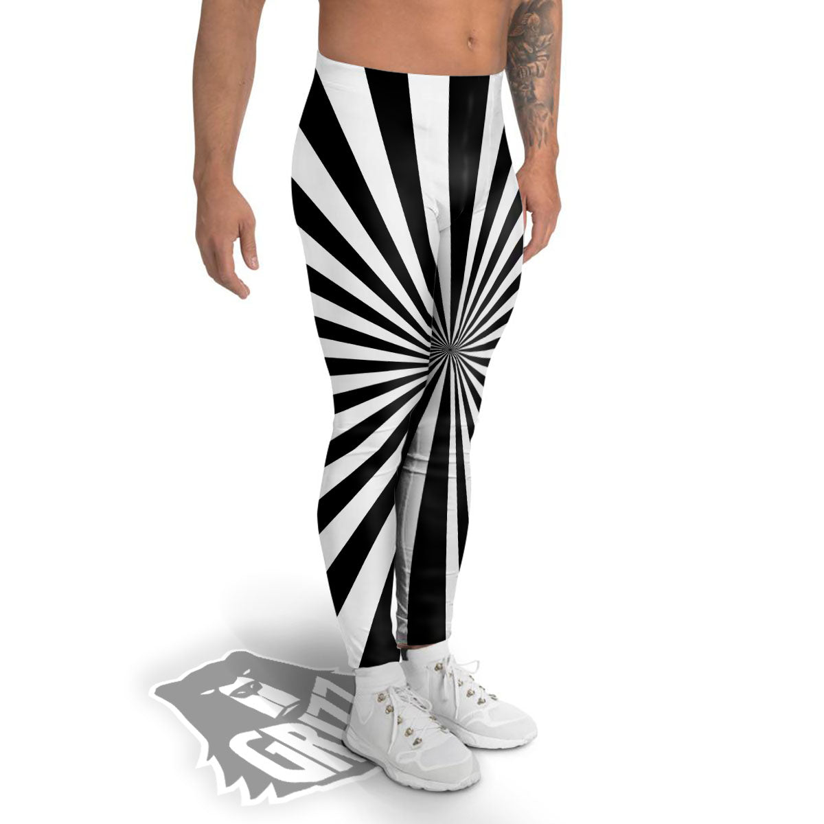 Radial Rays White And Black Print Men's Leggings-grizzshop