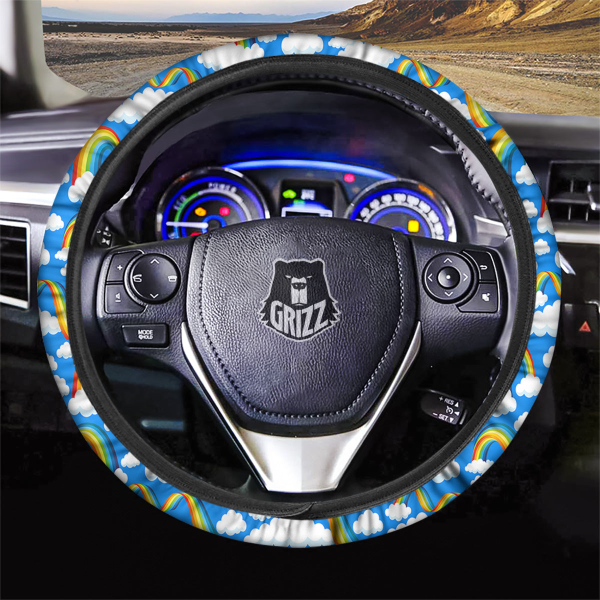 Rainbow And Clouds Blue Print Pattern Car Steering Wheel Cover-grizzshop