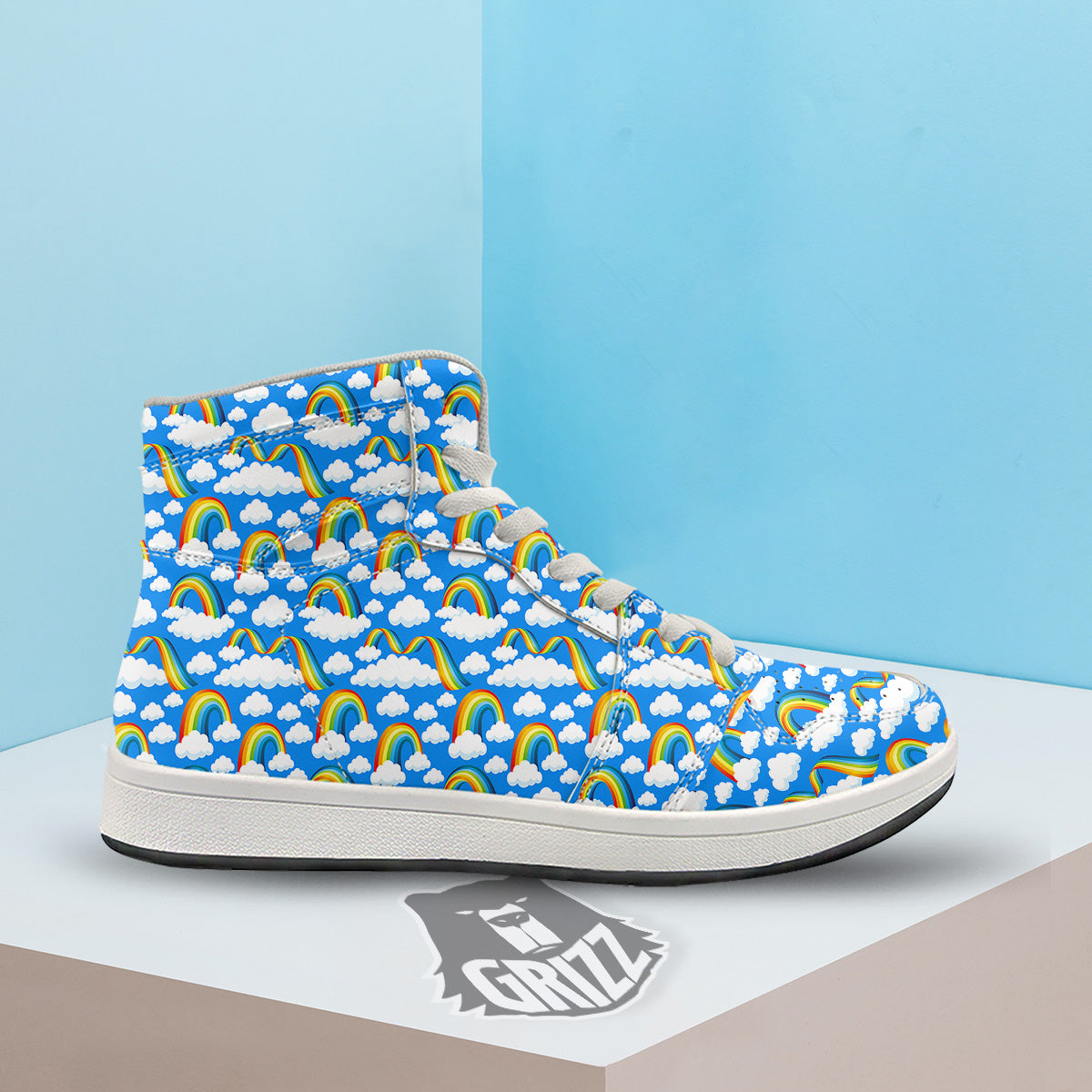 Rainbow And Clouds Blue Print Pattern High Top Sneakers-grizzshop
