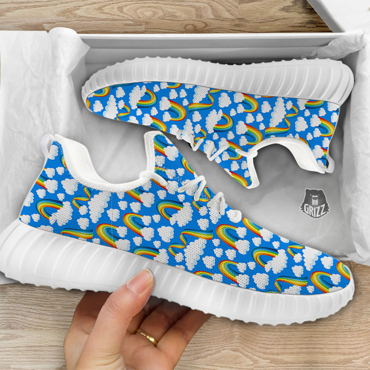 Rainbow And Clouds Blue Print Pattern White Walking Shoes-grizzshop