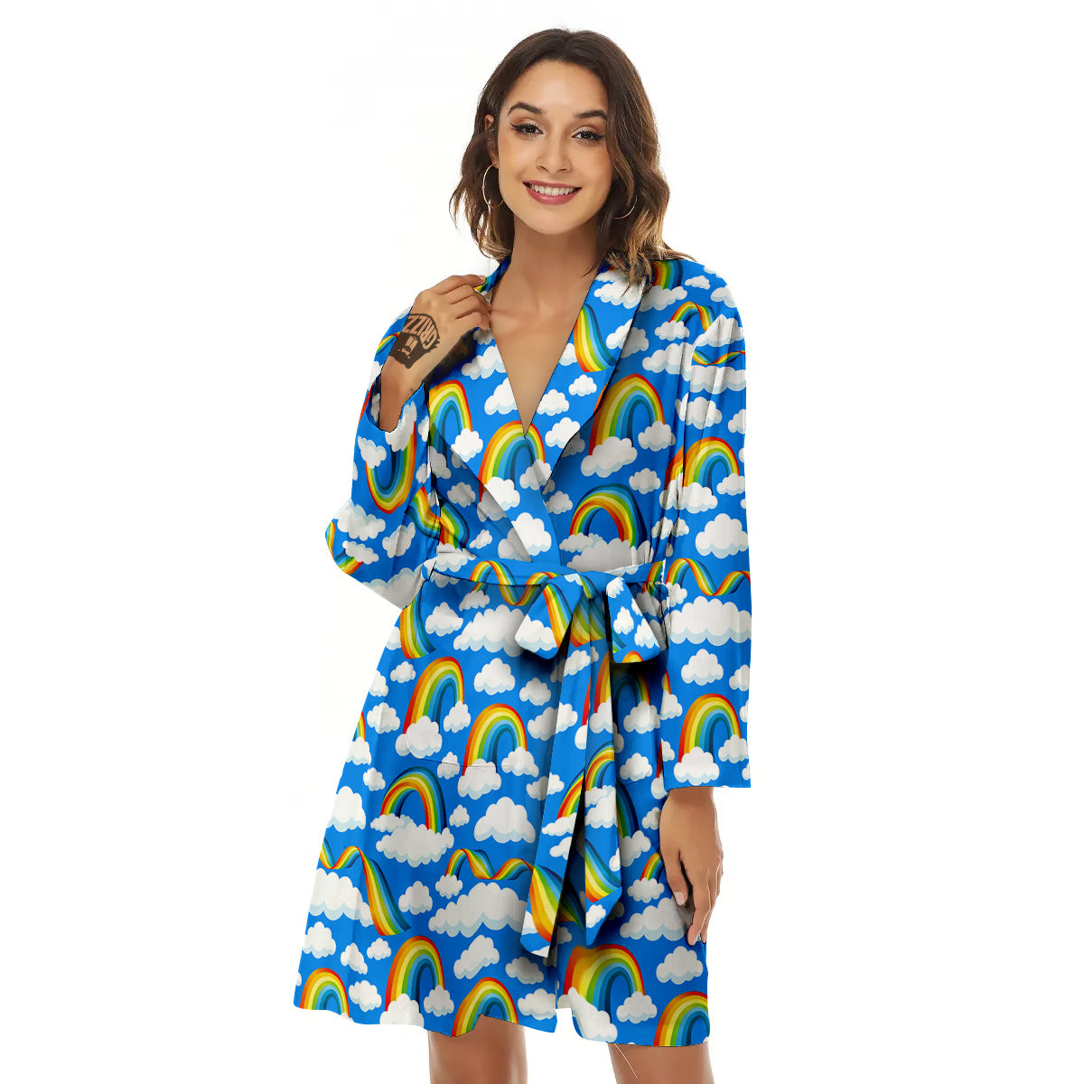 Rainbow And Clouds Blue Print Pattern Women's Robe-grizzshop