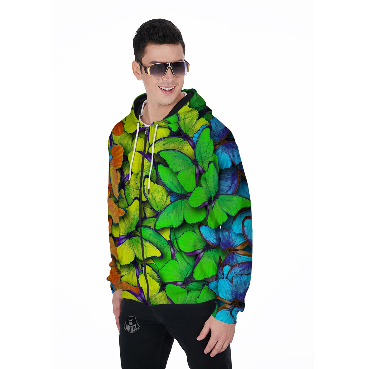 Rainbow Butterfly Print Men's Zip Up Hoodie-grizzshop