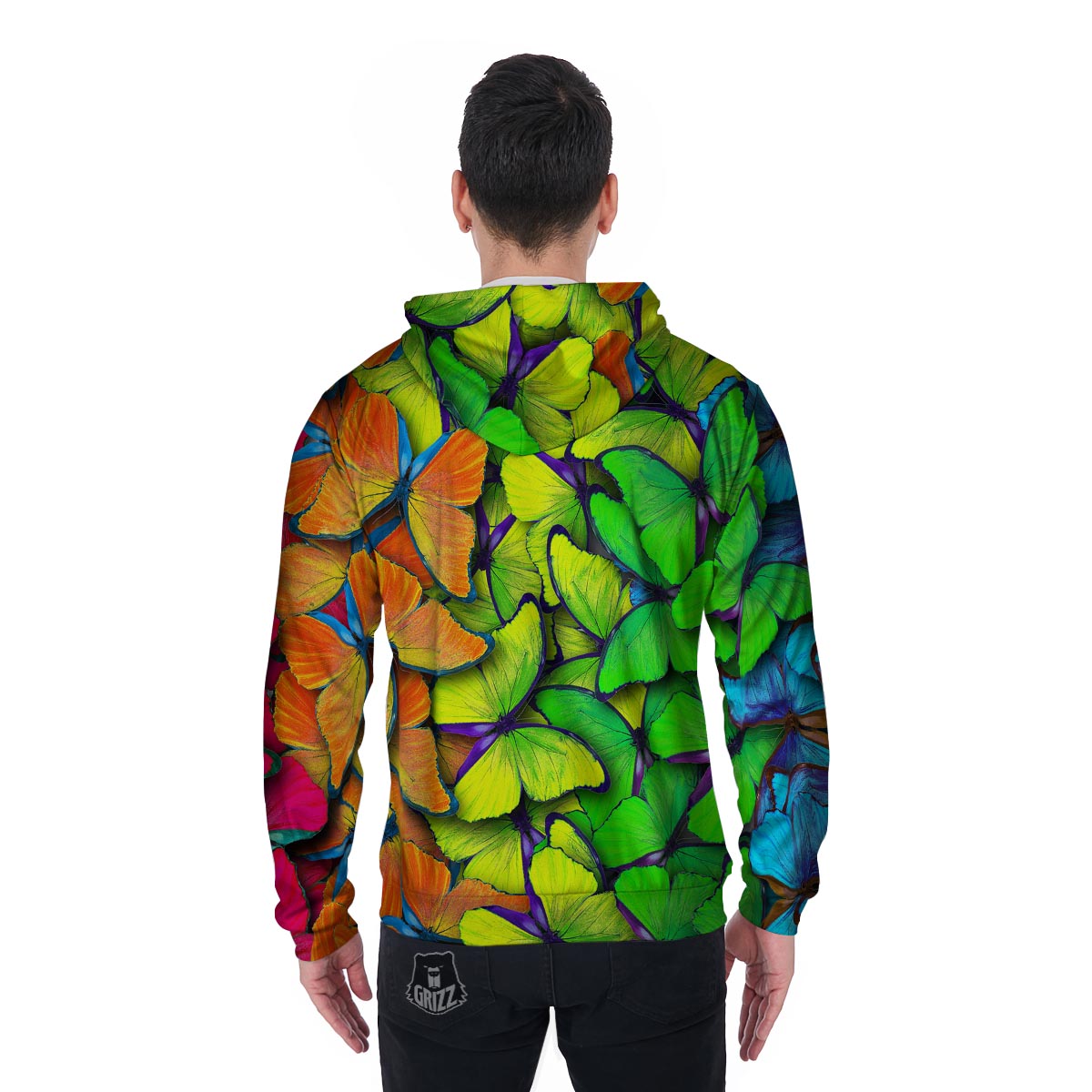 Rainbow Butterfly Print Men's Zip Up Hoodie-grizzshop