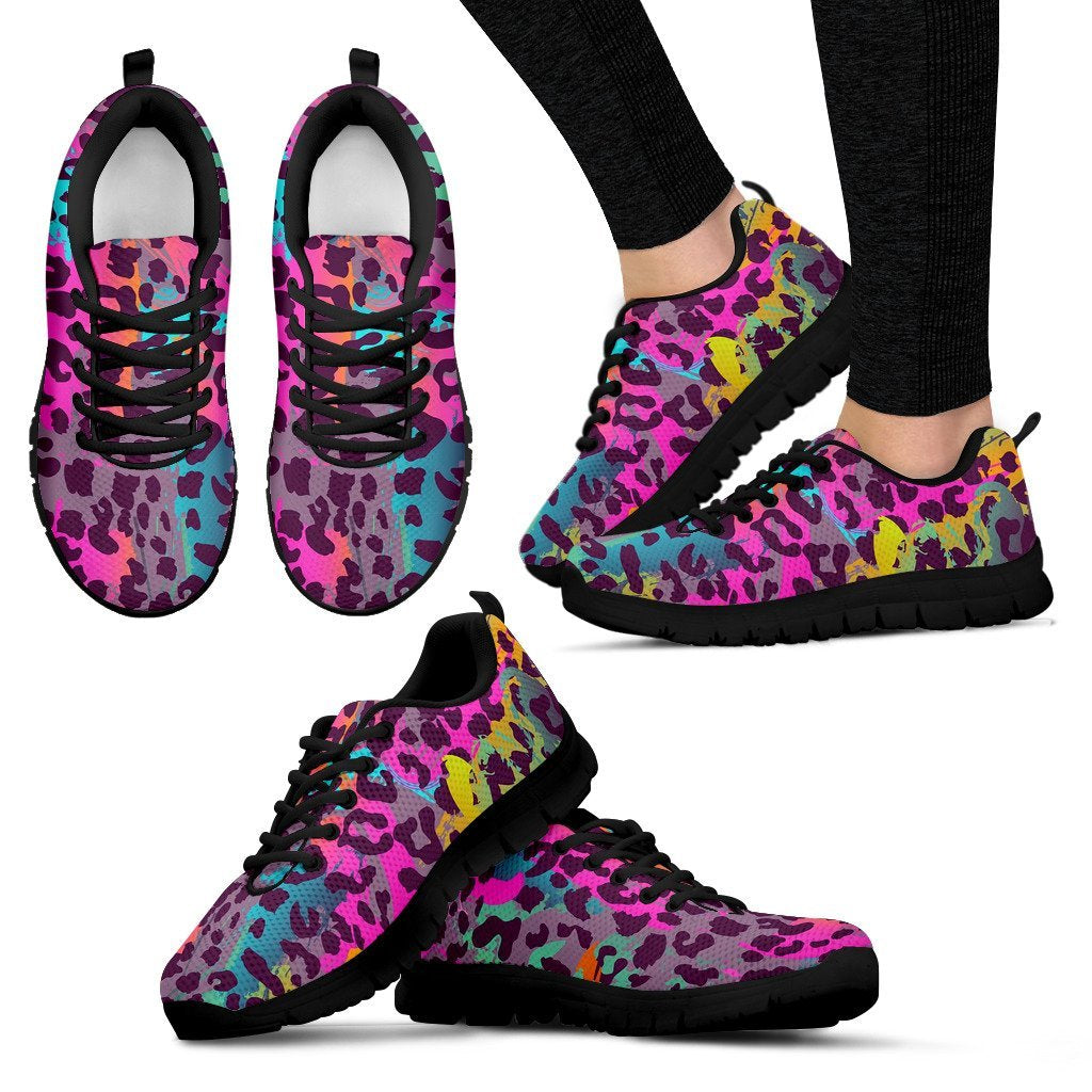 Rainbow Cheetah Leopard Pattern Print Black Sneaker Shoes For Men Women-grizzshop